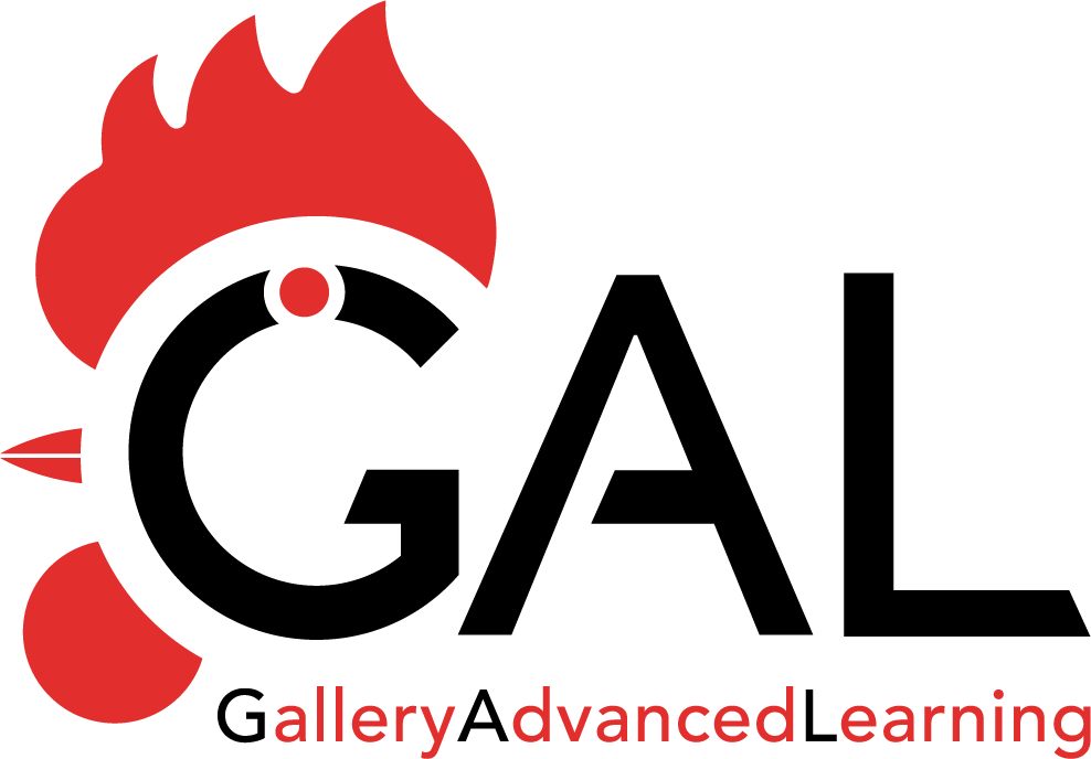 Logo GAL: gallo stilizzato in nero con cresta rossa fiammeggiante. Sotto, il testo "allery dvanced earning" in rosso (le iniziali G, A, L sono incorporate nel simbolo grafico).